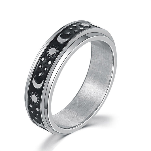 Mens Stainless Steel Ring Rotating Double Spinner Band Floral Design Durable Metal Ring For Men Fashion Modern