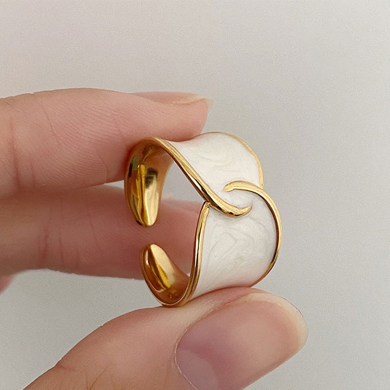Womens French Retro Drip Glaze Enamel Ring Geometric Gold