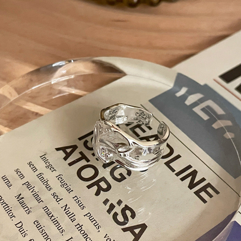 Womens Sterling Silver Ring Irregular Vintage Style Adjustable Opening Fashionable Design Electroplated Jewelry Gems