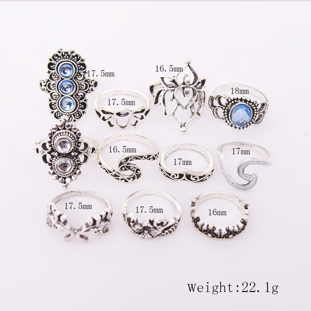 Womens Fashion Rings Set 11 Pieces Vintage Knuckle Ring Palm Crown Diamond Encrusted Lotus Wave Elephant Style