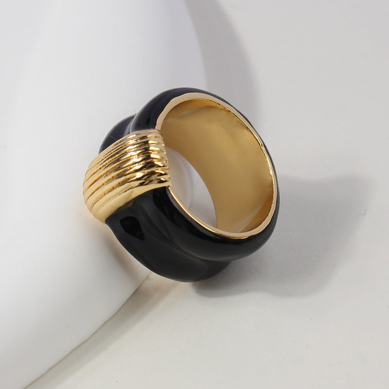Womens French Retro Black Ring With Gold Enamel Drip Glazed Geometric Copper Ring Simple For Her Drip Oil Blue