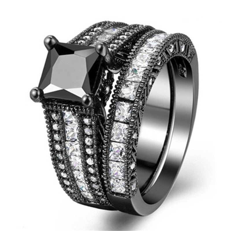 Women Black Inlaid Square White Zircon Ring Flower Design Gold Plated Alloy Jewelry For Daily Wear Occasions