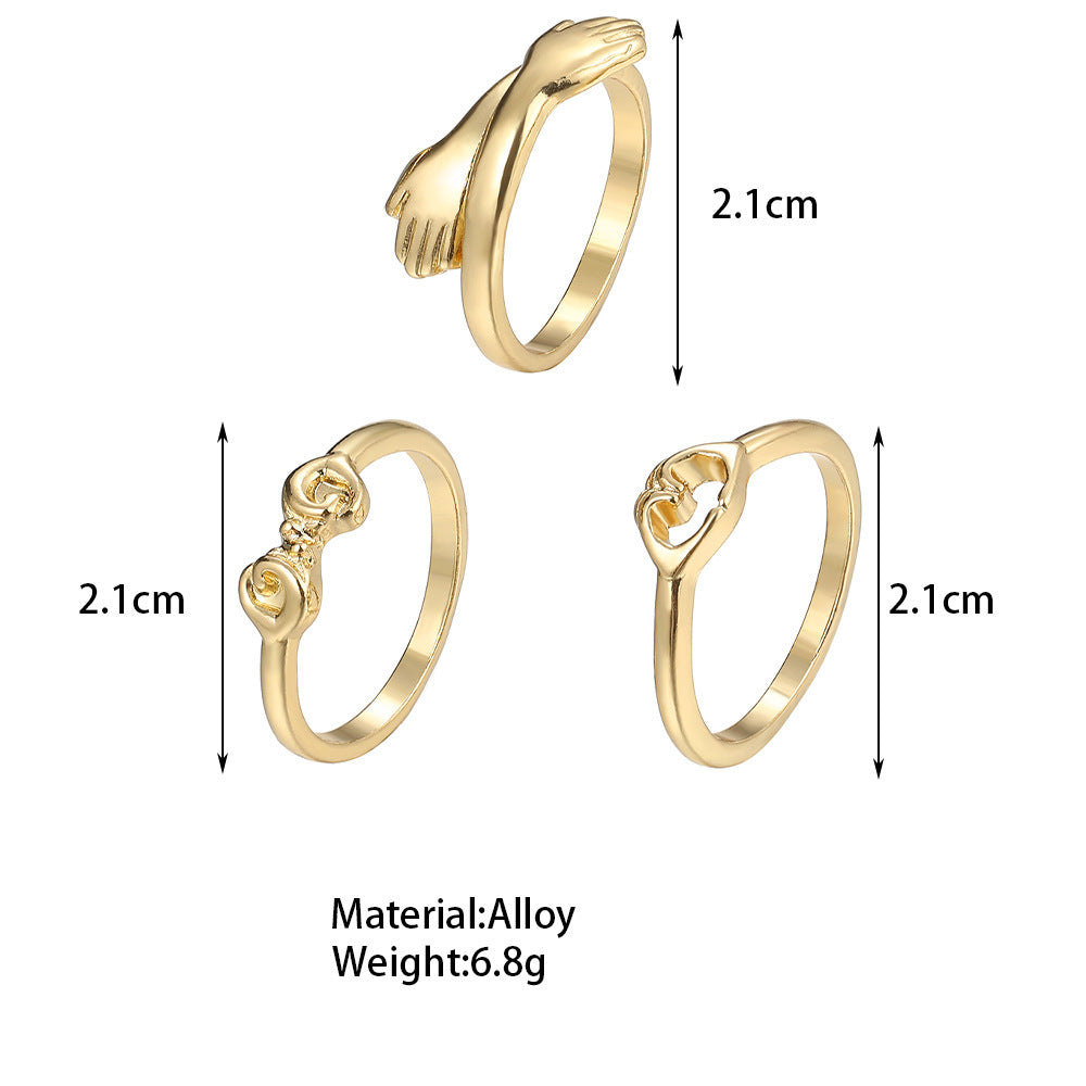 Gold Plated Hug Rings Set Three Piece Alloy Heart Shaped Cartoon Character Jewelry For Women Fashion Accessories