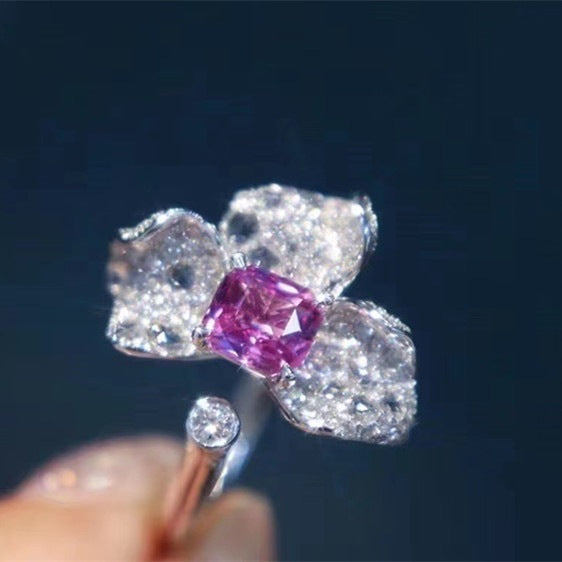 Zircon Flower Ring Copper Bauhinia Design Elegant Jewelry