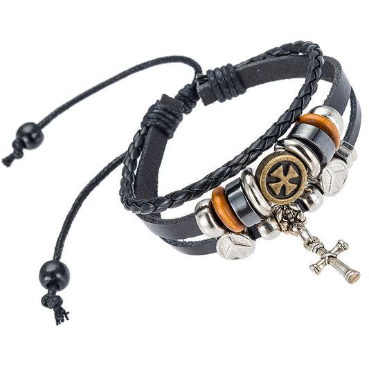 Unisex Leather Bracelet With Alloy Cross European Retro Design Woven Wristband Fashion Jewelry For Men And Women