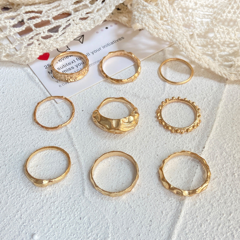 Unisex Geometric Rings Set 9 Piece Punk Metal Irregular Alloy Electroplated Statement Rings Retro Travel Unique