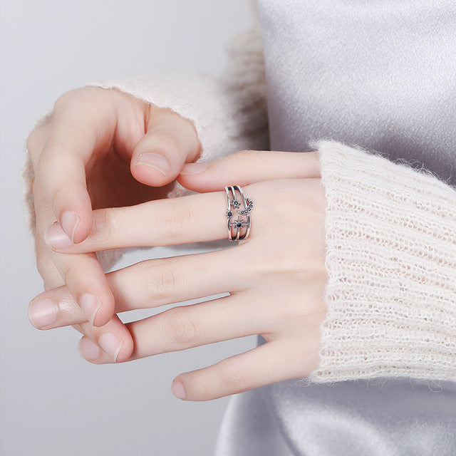 Sterling Silver Moon And Star Open Ring Vintage Geometric Design 925 Jewelry For Women Daily Wear Elegant Accessory