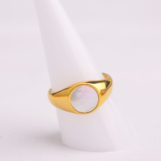 Round White Fritillaria Shell Ring For Women Titanium Steel Band Gold Tone Size 5 6 7 8 9 10 Durable Shine Now