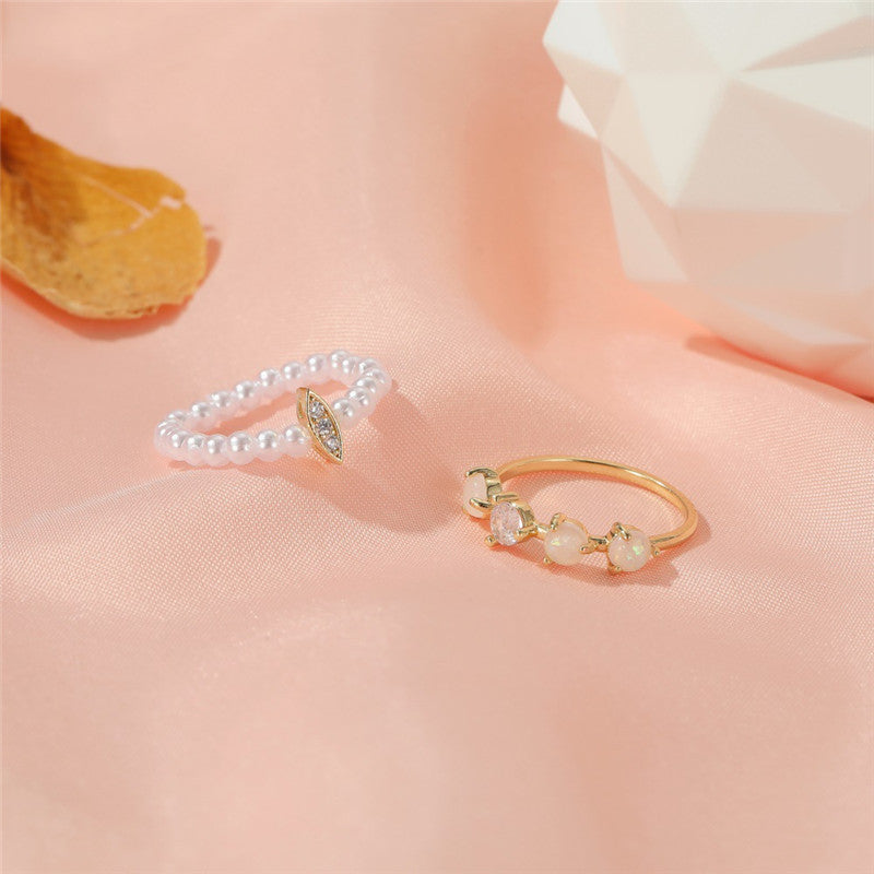 Diamond Rice Bead Ring Set Two Piece Copper Rings Geometric Design Korean Style Fashion Jewelry Timeless Shine