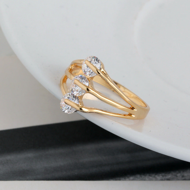 Gold Plated Ring With Gemstone Inlay Geometric Zircon Accents Copper Jewelry For Women Gift Everyday Accessory