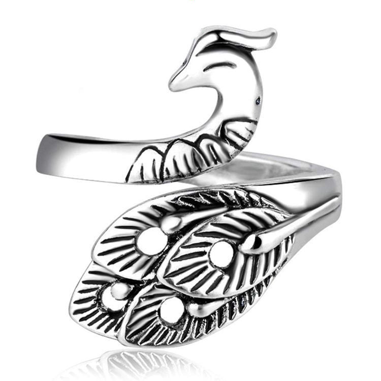 Vintage Unisex Animal Zodiac Ring In Plain Silver Peacock Design Jewelry Gift For Him With Adjustable Fit Gift