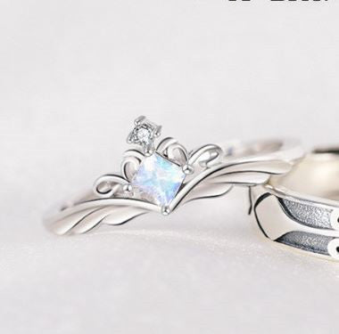 Couple Rings Vintage Adjustable Crown Rings Copper White Gold Moonstone Inlay Wedding And Anniversary Jewelry Set