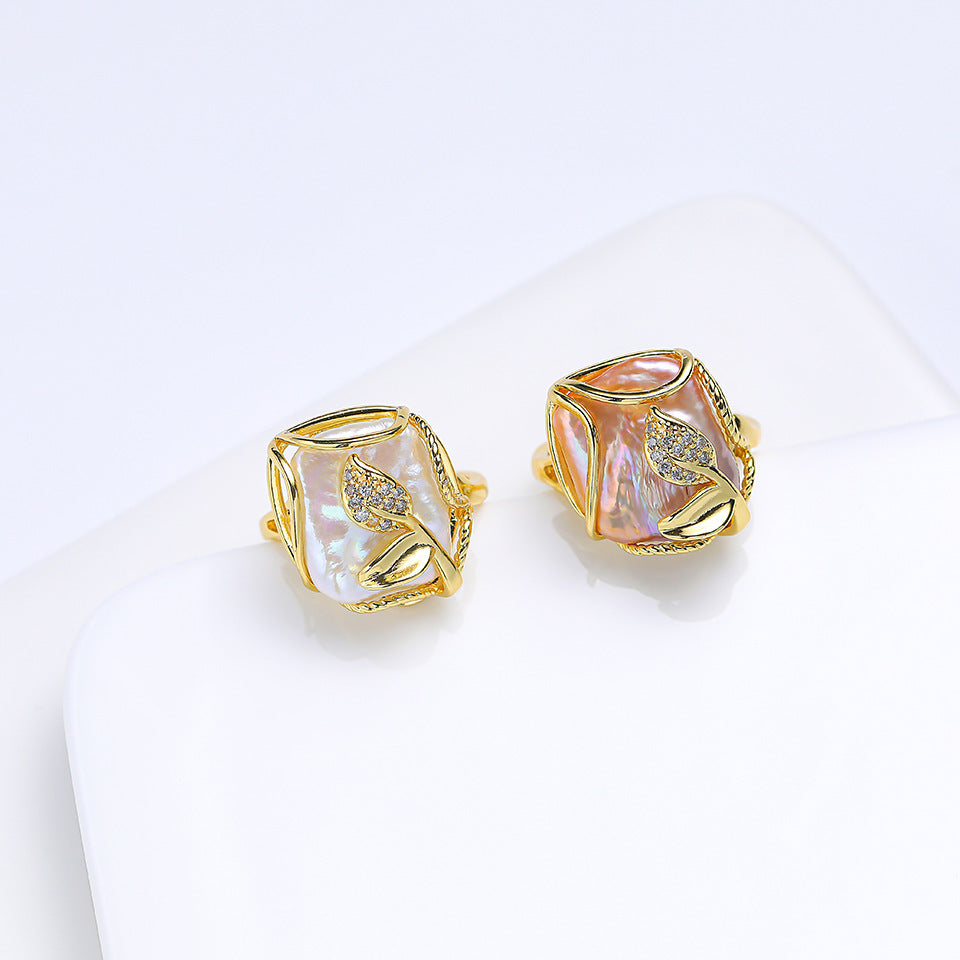 Geometric Baroque Freshwater Pearl Ring Inlaid Open Adjustable Jewelry Statement Piece Elegant Design Classics