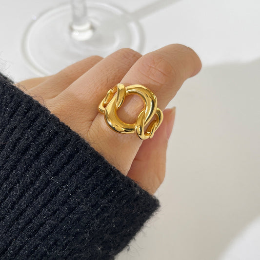 Titanium Steel Thick Chain Hollow Retro Gold Ring Electroplated Women Circle Design Size 6 7 8 Fashion Jewelry