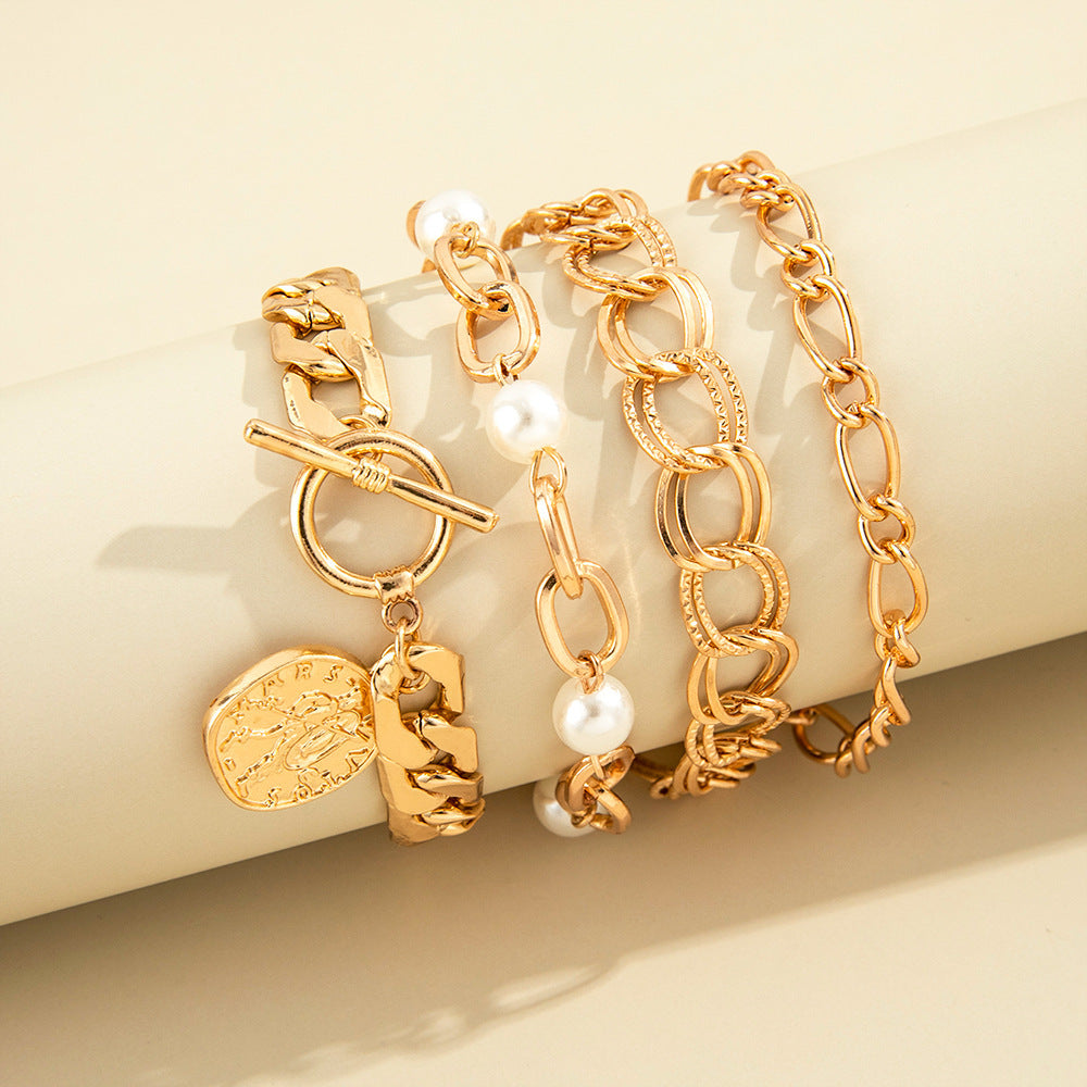 Womens Bracelets Set Four Piece Geometric Pearl Alloy Bracelet Elegant Fashionable Design for Everyday Wear X1
