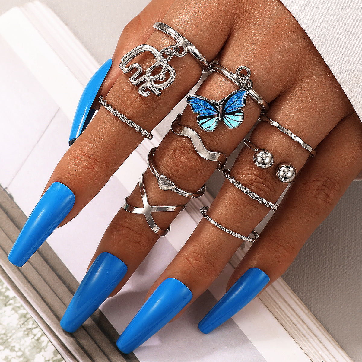 Electroplated Alloy Rings Set Geometrics Unisex Jewelry For Everyday Wear Retro Ethnic Silver Rings Ten Pieces