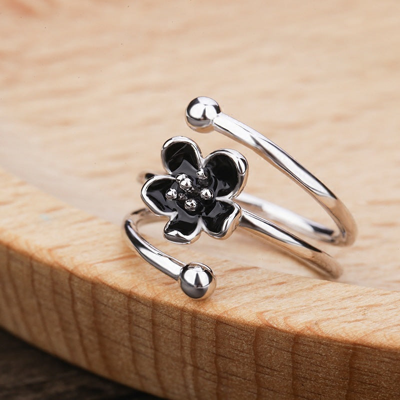 Womens Black Flower Ring Elegant Alloy Electroplated Jewelry Accessory Gift Simple Flower For Everyday Wear Now