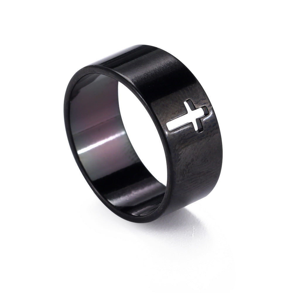 Unisex Hollow Cross Stainless Steel Ring Electroplated