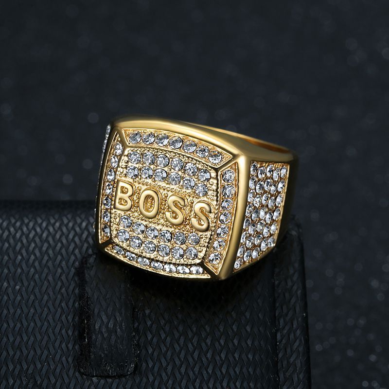 Men's Titanium Steel Ring with Rhinestone Square Gold or Steel Finish Band Ring for Him