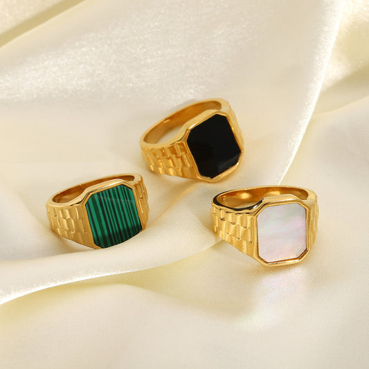 Stainless Steel Ring With Malachite Accent And White Shell Epoxy Inlay Gold Plated Rectangular Jewelry For Her