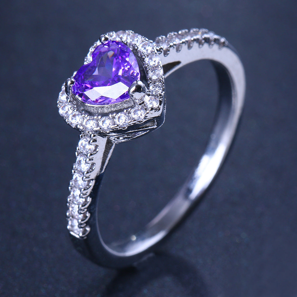 Women's Heart Ring with Emerald Zircon Stone Electroplated Copper Korean Fashion Jewelry Gang Drill Ring for Her Heart Shape Ring Platinum White