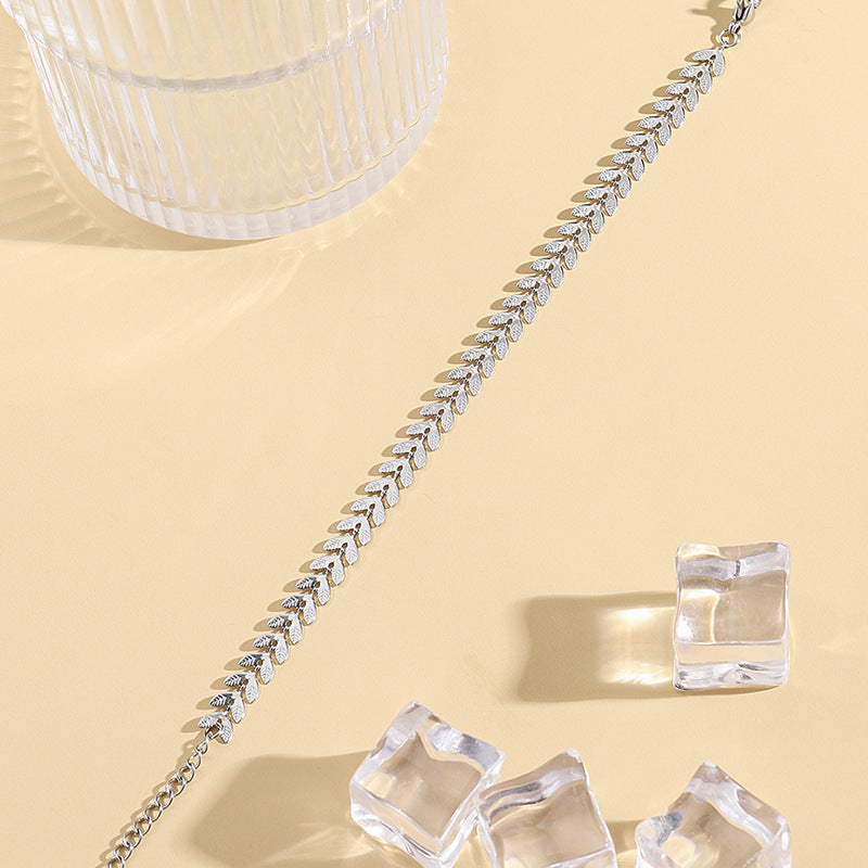 Stainless Steel Leaf And Wheat Bracelet For Women Simple Fashion Jewelry Elegant Design Steel Color Leaves For