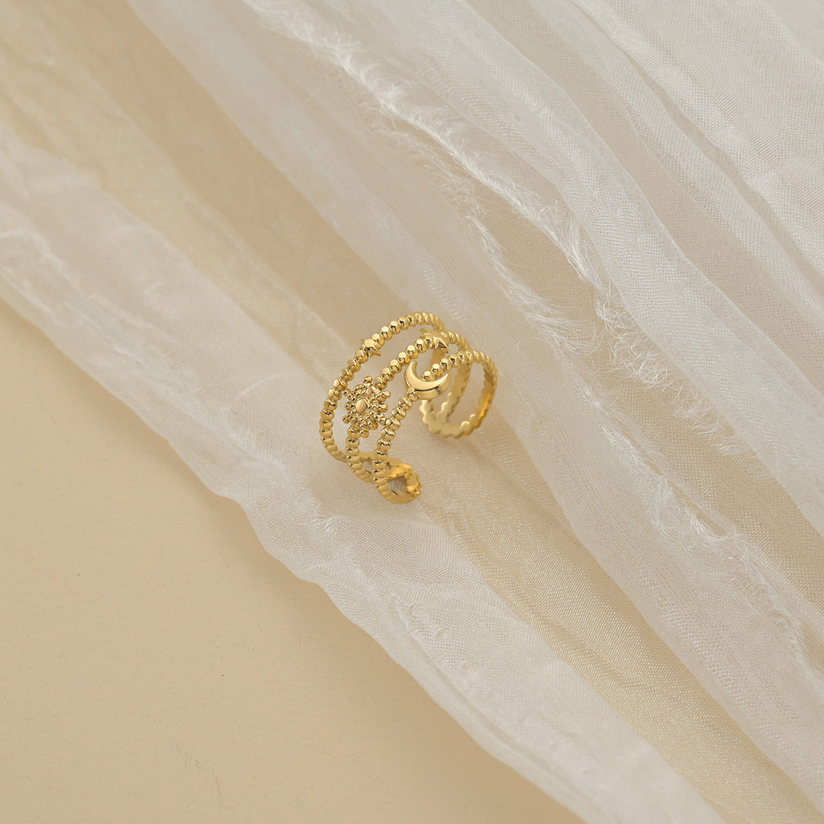 Gold Stainless Steel Ring Floral Hollow Out Design Adjustable Fashion Jewelry Accessory Elegant Gift For Women