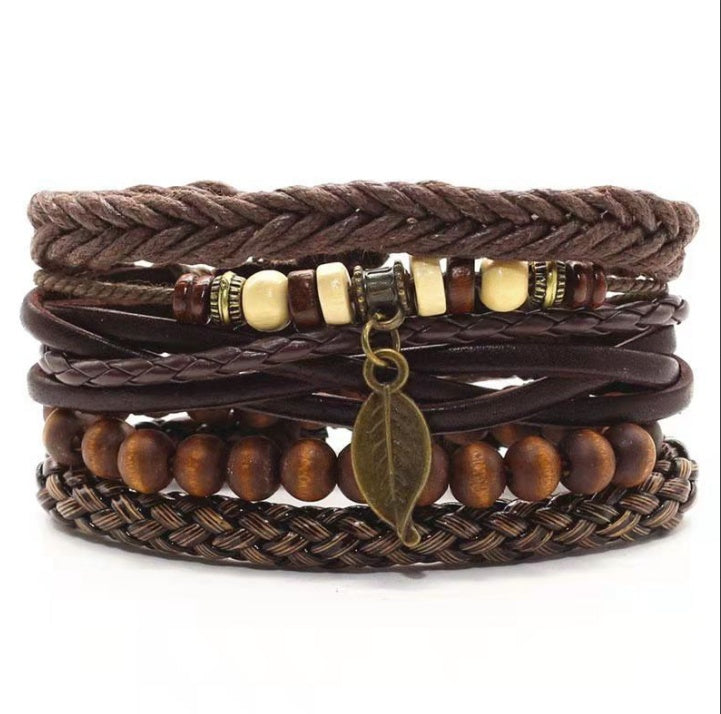 Mens Leather Braided Bracelet European Design Alloy Inlaid Gemstones Retro Geometric Accessory Woven Wristband