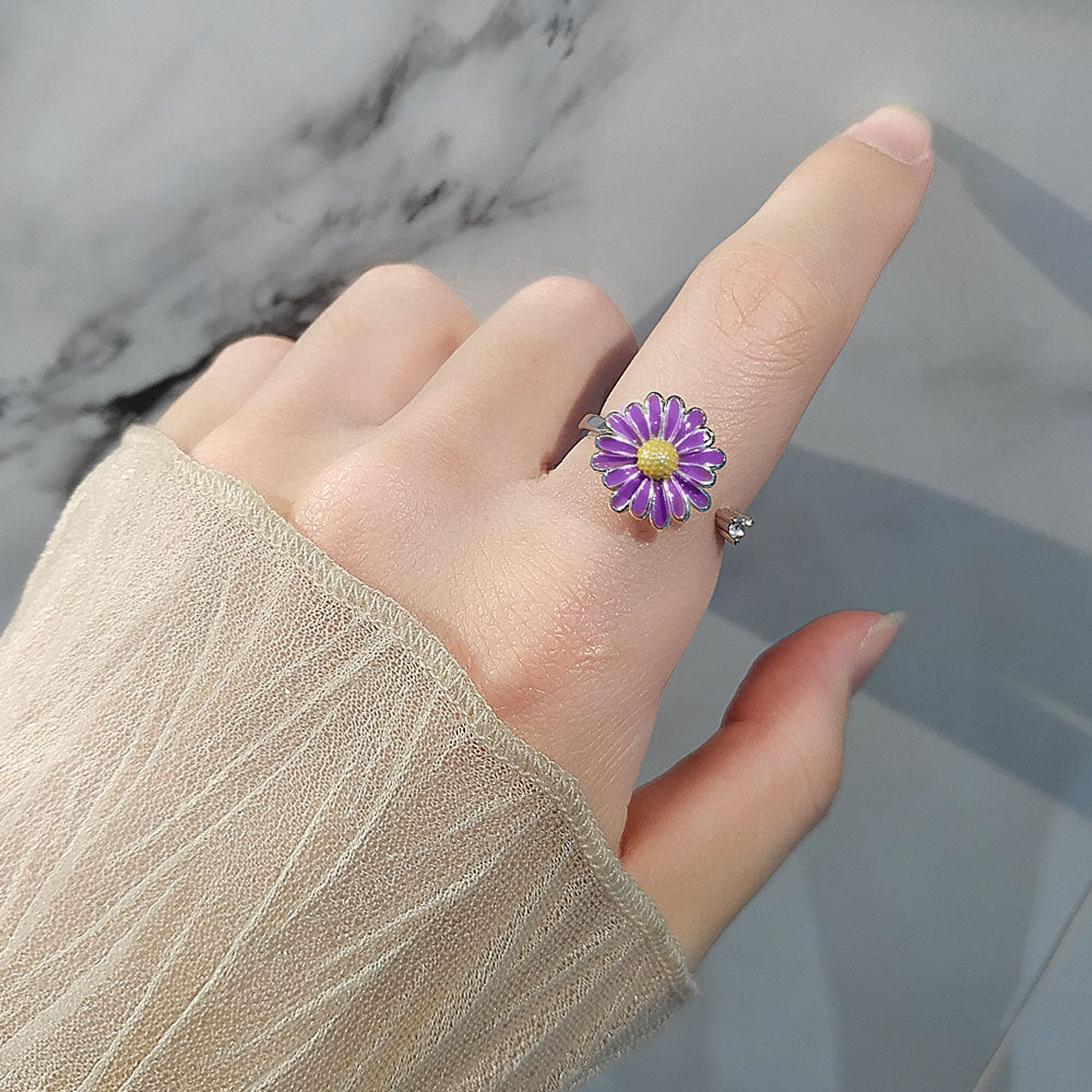 Womens Purple Enamel Flower Ring Fidget Spinner Copper Adjustable Fashion Jewelry For Anxiety Relief Calm Days