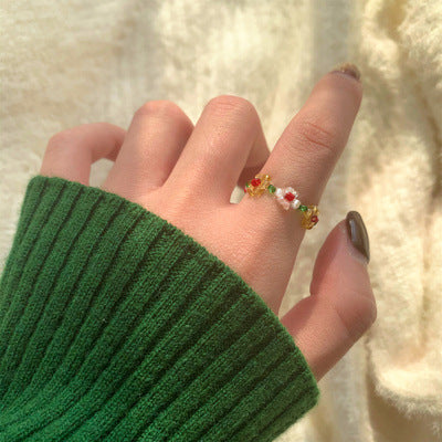 Beaded Ring Set Rice Bead Flower Jewelry Cherry Pearl Flower Design For Women And Girls Fashion Ring Accessory