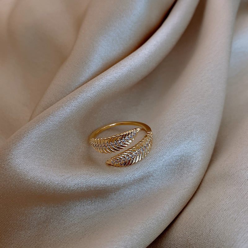 Womens Adjustable Copper Leaf Ring With Geometric Inlaid Zircon Electroplated Gold Band Jewelry Elegant Design