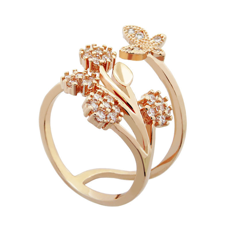 Flower Butterfly Adjustable Ring Gold Plated Copper Gemstone Inlaid Jewelry For Women Gift Elegant Daily Wear Gift