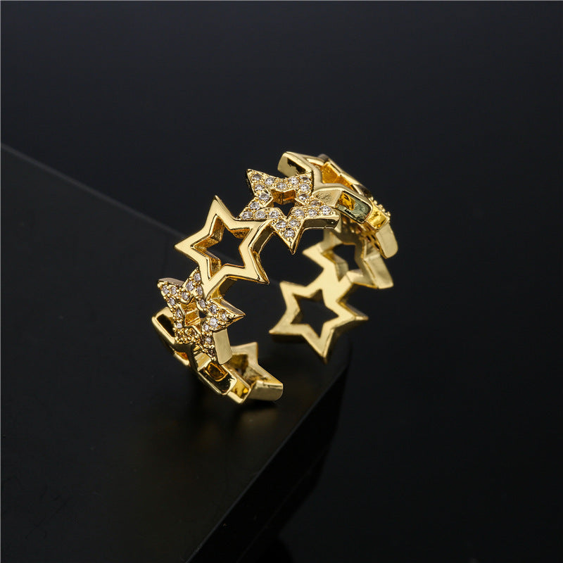 Womens Gold Electroplated Copper Ring With Micro Inlay Geometric Design Adjustable Jewelry Elegant Accessories