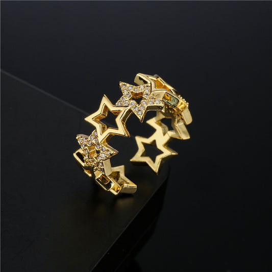 Womens Gold Electroplated Copper Ring With Micro Inlay Geometric Design Adjustable Jewelry Elegant Accessories