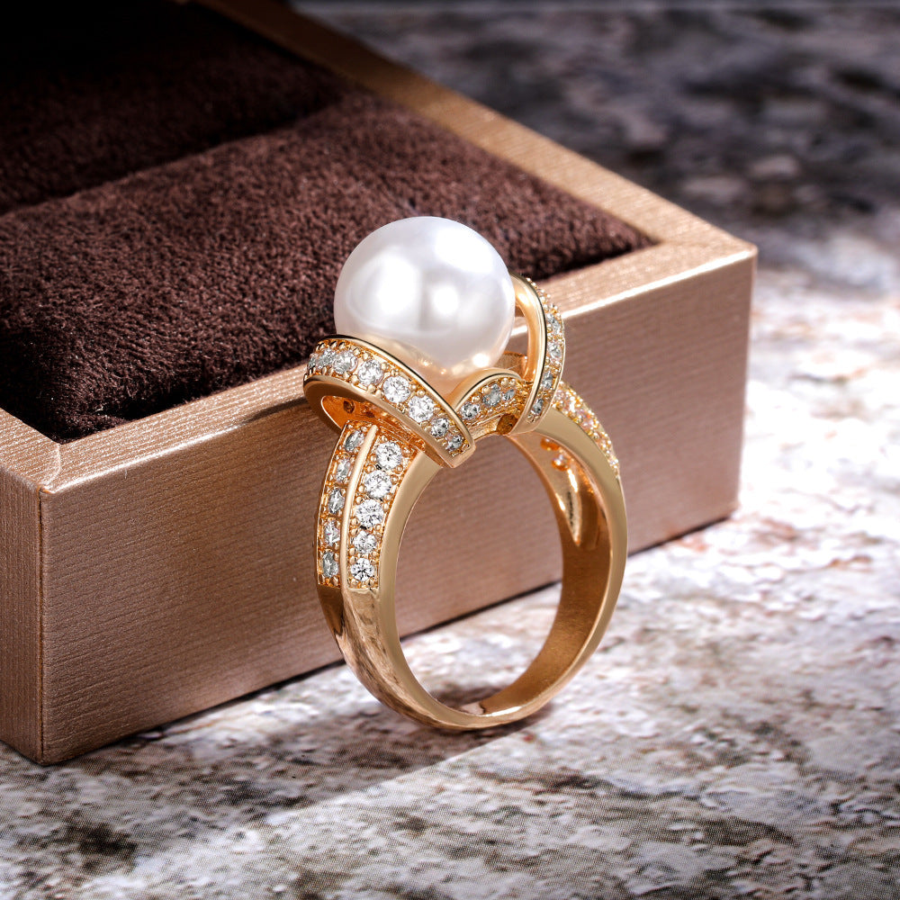 Gold Plated Zircon Pearl Ring Geometric Design for Wedding Engagement Jewelry Durable Fashion Accessory Elegant