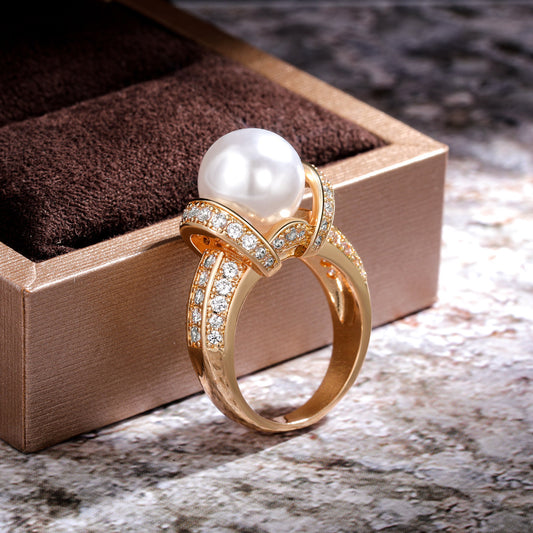 Gold Plated Zircon Pearl Ring Geometric Design for Wedding Engagement Jewelry Durable Fashion Accessory Elegant