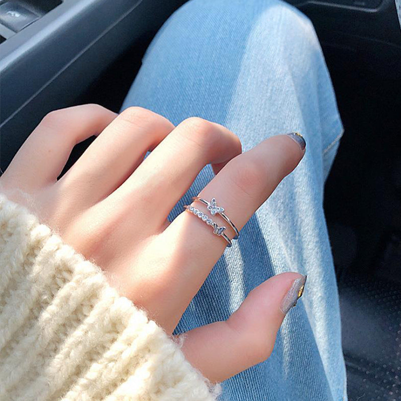 Double Layer Bowknot Copper Ring Adjustable Opening Handcrafted Gem Inlay Diamond Accents Womens Fashion Jewelry