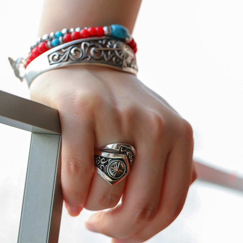 Mens Adjustable Copper Ring Geometric Eight Star Design With Electroplated Finish For Everyday Wear For Daily Style