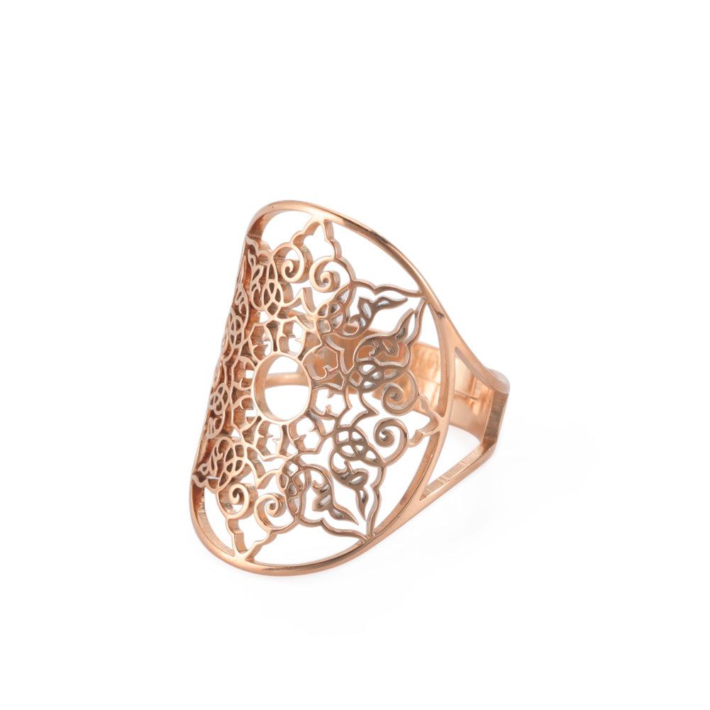 Vintage Stainless Steel Openwork Snow Petal Oval Ring Adjustable Size Not Inlaid White Gold Rose Gold Finish Ring