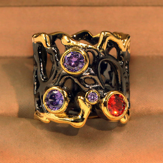 Women's Black Gold Plated Ring With Colored Stone Inlay Hollow Design Brass Gemstone Jewelry European Inspired