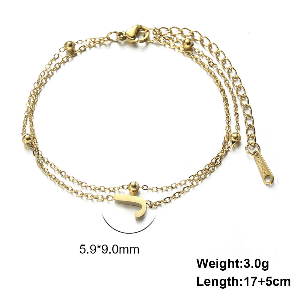 Womens Stainless Steel Double Layer Chain Bracelet With Initial Pendant Electroplated Finish Jewelry Gift Gold
