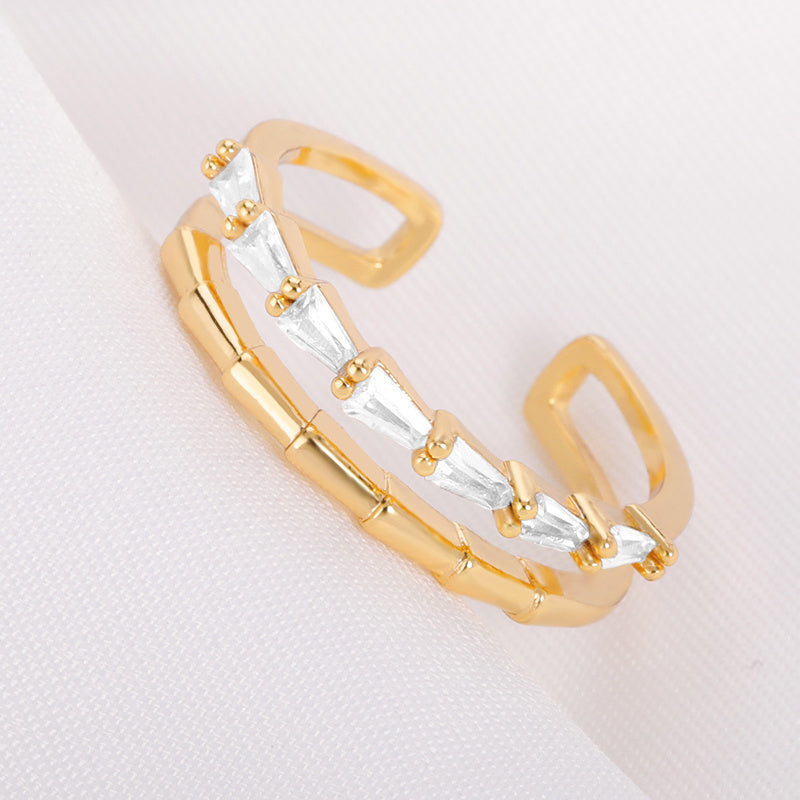 Zircon Double Layer Copper Ring With Golden Bamboo Inlay For Elegant Wedding Jewelry Fashion Accessory For Women