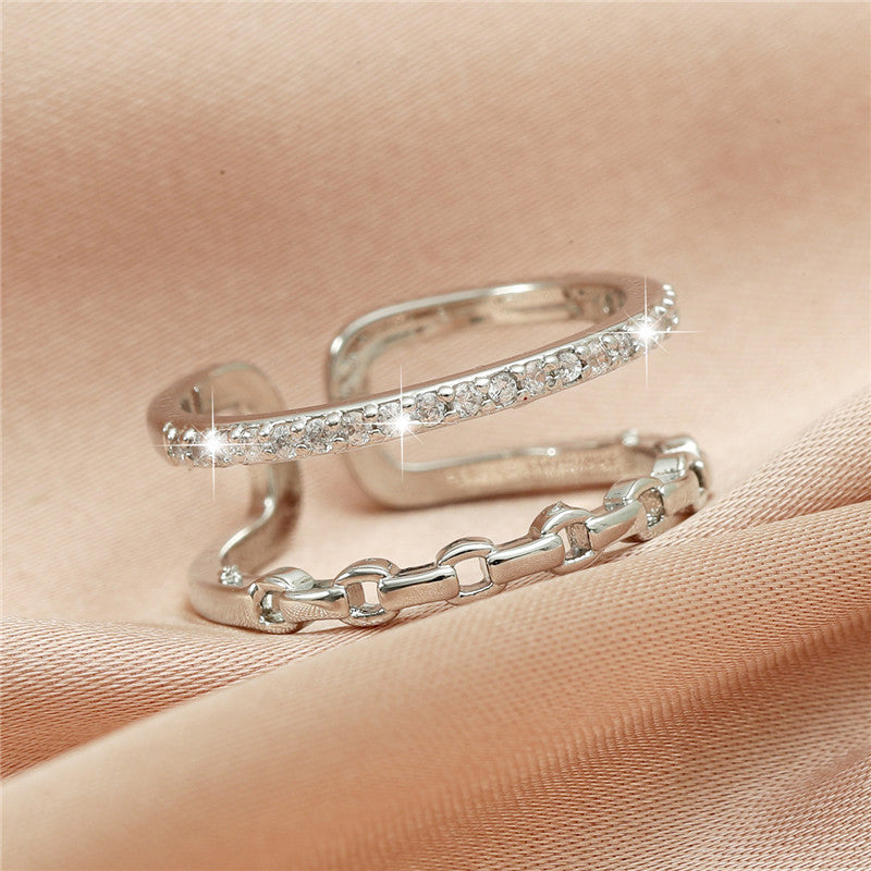 Geometric Hollow Ring Double Row Zircon Copper Band Ring for Women and Girls Everyday Wear Jewelry Gift Always