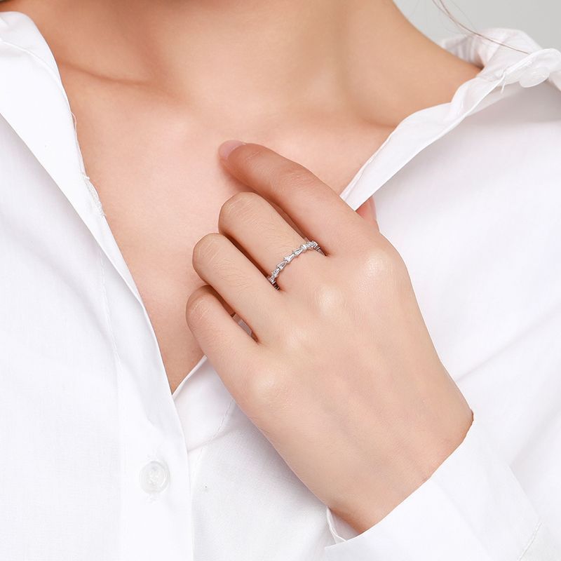 Womens Sterling Silver Ring Inlaid Gemstone Geometrical Design Electroplated Finish Band Ring For Index Finger