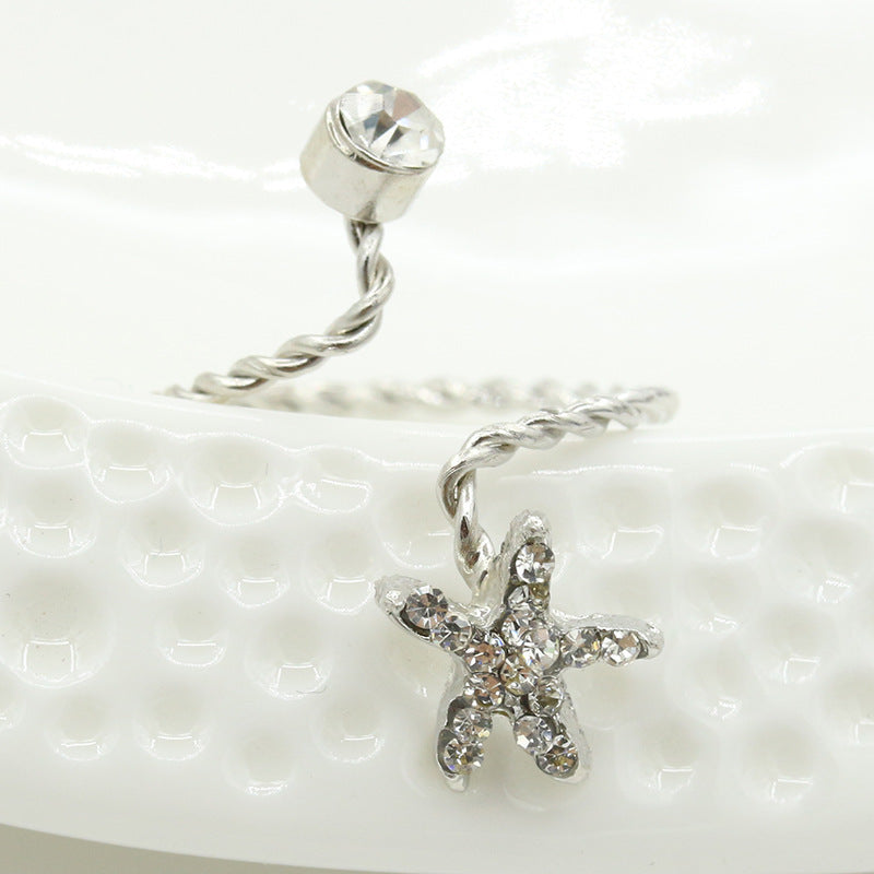 Womens Adjustable Ring With Rhinestone Starfish And Flower Design In Alloy Metal Gem Inlay For Elegant Wear Now