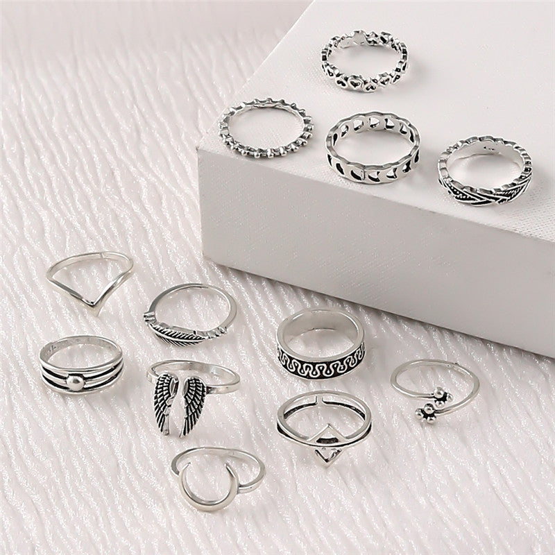 Womens Ring Set 12 Pcs European American Alloy Electroplated Rings Triangle Leaf Joint Designs Fashion Jewelry