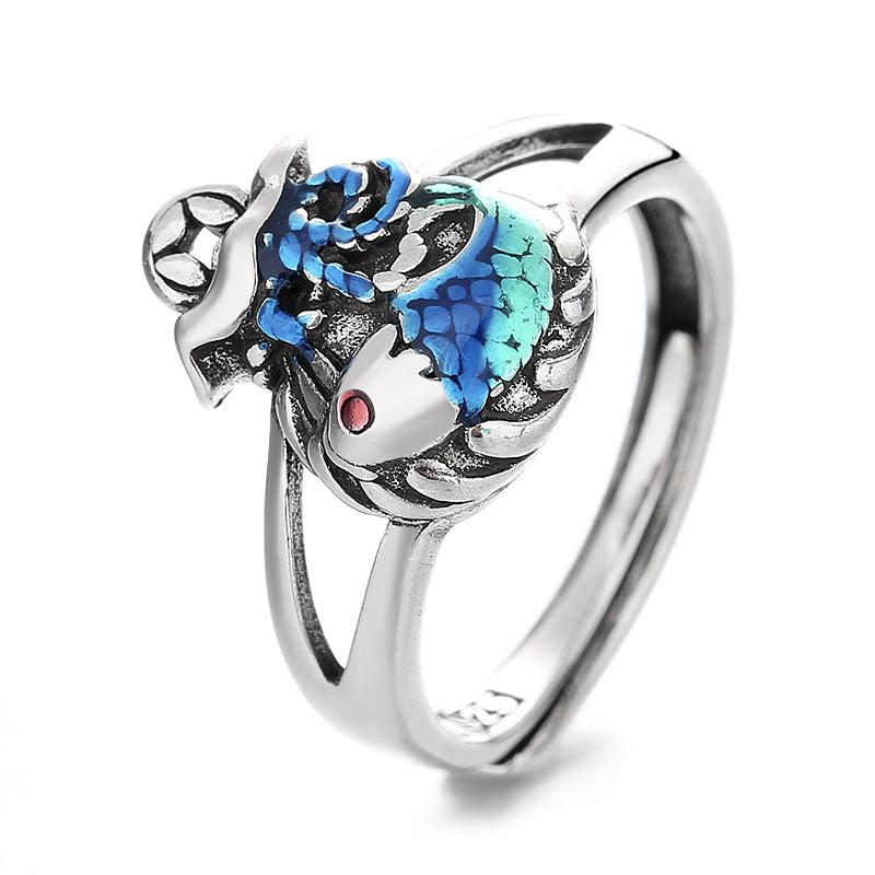 Vintage Burnt Blue Copper Open End Ring With Ethnic Koi Pattern Retro Style For Women Adjustable For Daily Use