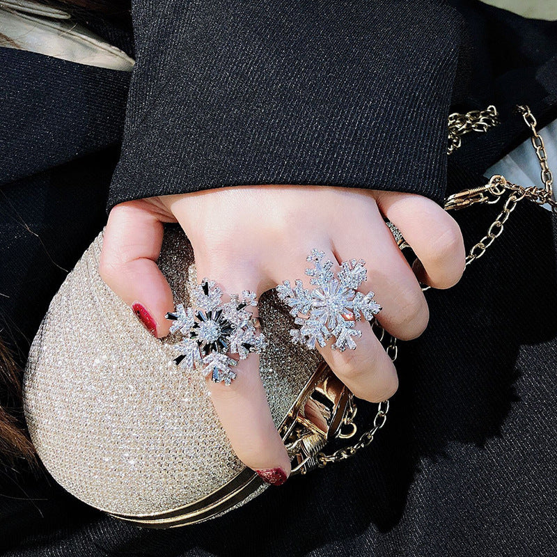 Rotating Double Layered Snowflake Ring Adjustable Opening Copper Jewelry Featuring Gems Inlaying Retro Designs