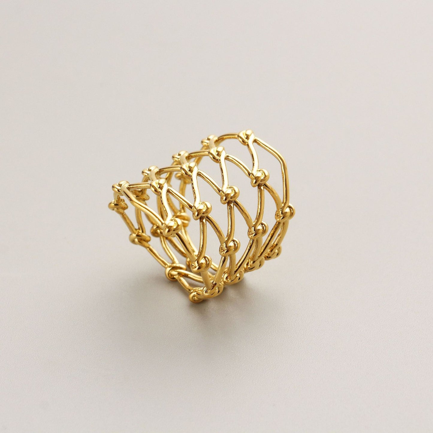 Woven Knotted Wide Face Ring For Women Geometric Hollow Copper Base 18K Gold Plated Finish Elegant Design Chic