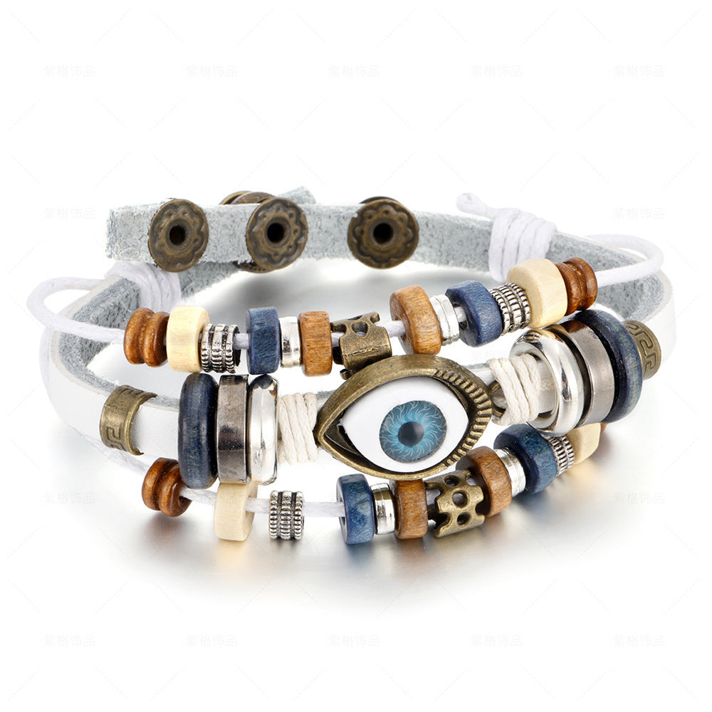 Mens Ethnic Leather Beaded Bracelet Geometric Design Gift